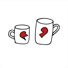 Two mugs for hot drinks, hand-drawn. Doodle style. A mug with a heart for lovers. Valentine's Day symbol for print, internet, mobile devices and infographics, isolated on a white background.