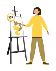  NFT Non-fungible token on golden coin icon. The artist at the virtual painting. Flat vector illustration.