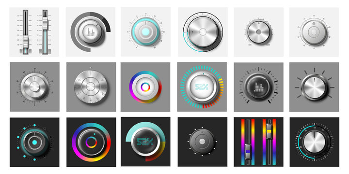 Set of round adjustment dial. Realistic knobs for regulation volume level and pitch. Metal gradient buttons light and dark shades with dial. Cartoon 3D vector collection isolated on white background