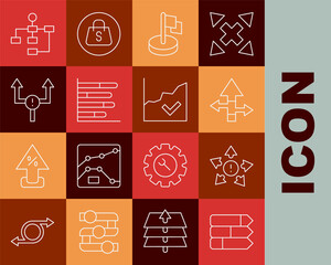 Set line Pie chart infographic, Many ways directional arrow, Arrow, Flag, Hierarchy organogram and Financial growth increase icon. Vector