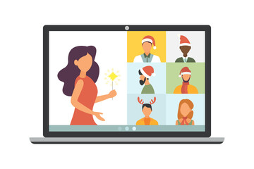 Fototapeta premium Christmas virtual meeting. Video call with friends at home. Vector illustration.