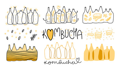 Kombucha logo kit, editable variations of kombucha bottles illustration with various decorative elements - fruits, berries, greens, calligraphy, hand written lettering. For identity or menu design.