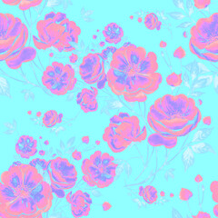 Abstract seamless print beautiful wild roses drawn in paints. Beautiful print for decoration of textiles and design. Flower background. Art drawing for surface. Tenderness decor.