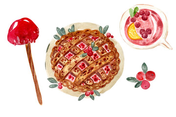 Watercolor lingonberry pie, fruit drink, lingonberry and caramelized apple