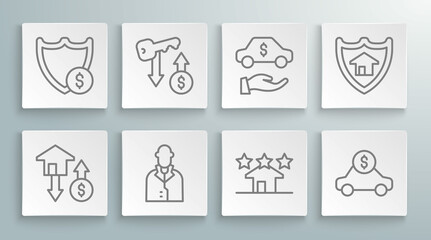 Fototapeta na wymiar Set line House with dollar, Rent key, Realtor, estate, Car rental, shield and Shield icon. Vector