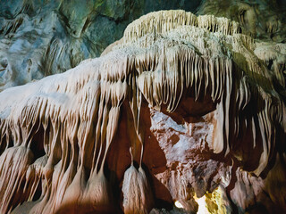 Stalactite formations inside Cave of the Lakes, Spilaio ton Limnon, in Kalavrita region, Greece