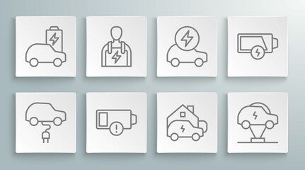 Set line Electric car, Car mechanic, Low battery, Charging home, and icon. Vector