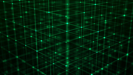 Technology blockchain concept. Dynamic movement of a digital data stream. Network connections structure. Big data visualization. 3D rendering.