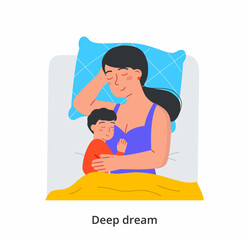 Mother sleeps with baby. Woman lies on bed with soft pillow and warm blanket and hugs her newborn son. Deep sleep and dreams. Motherhood and recreation with child. Cartoon flat vector illustration