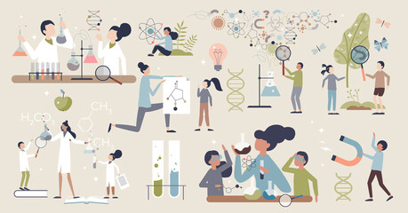 Kids science with physics and chemistry exploring tiny person collection set. Cognitive childhood experiments for knowledge experience and learning vector illustration. Scientific study for kids items