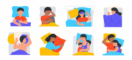 Set of happy people lying with pillows. Sleeping men and women. Mother sleeping with child, couple lying together. Rest and energy recovery. Cartoon flat vector collection isolated on white background