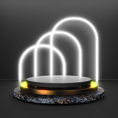 Black stand podium on dark background. Realistic dark platform