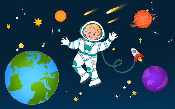A young astronaut soars in open space against the background of the Earth, planets and stars. Vector illustration , cartoon style