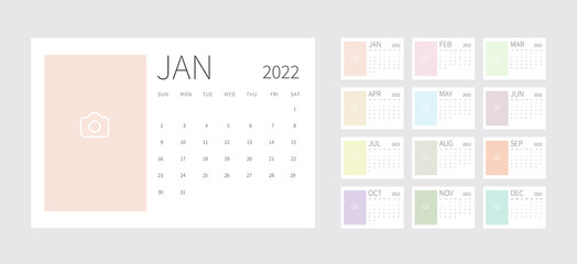 Calendar 2022 template. Minimal design. Calendar template design with place for photo. Week Starts Sunday. Vector illustration
