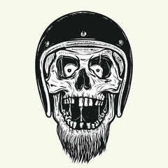 Vintage biker skull wearing old helmet 