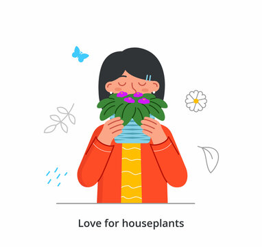 Love for home plants concept. Young woman holds pot with blooming flower and inhales its pleasant aroma. Home gardening as hobby. Female character grows flowers. Cartoon flat vector illustration