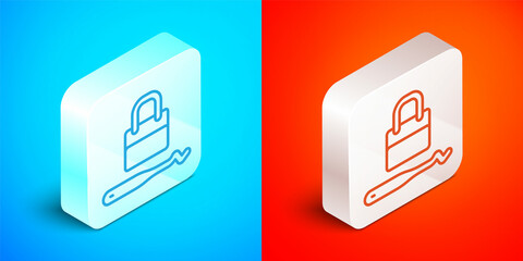 Isometric line Lockpicks or lock picks for lock picking icon isolated on blue and red background. Silver square button. Vector