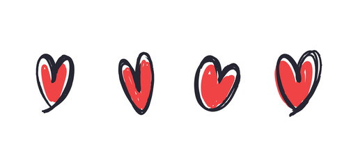 Doodle heart set. Hand drawn collection of hearts. Love symbol grungy sketches.