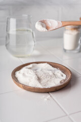 selective focus. food supplement collagen in the form of powder for dissolving in water. natural composition. benefits for the face and body