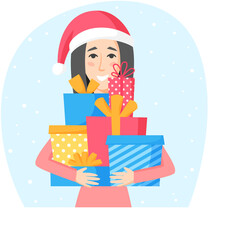 Woman in Santa hat holding gift boxes. Buying and preparing Christmas presents for family and friends. Gifts with ribbons and bows. Flat vector illustration.