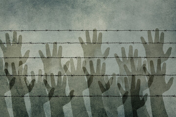 Silhouettes of hands behind a barbed wire, refugee camp, border, illegal immegration issue, prison fence, dark colors - obrazy, fototapety, plakaty