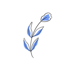Fototapeta na wymiar Blue flower line illustration. Floral emblem, decoration, print design. Outline vector art.