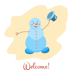 Snowman welcome vector illustration flat character card christmas