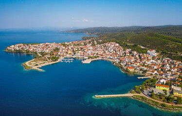 Fototapeta na wymiar Aerial drone view of Neos Marmaras city, Sithonia peninsula of Chalkidiki. Greece