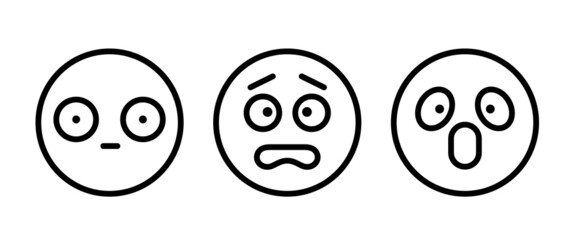 Terrified frightened emoticon isolated afraid emoji. Vector screaming face in panic, scared or surprised, afraid or horrified emoji. Amazed emoticon with open mouth, big eyes, afraid or asking Scared