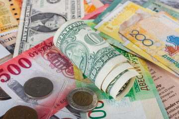 Background from different collector coins and banknotes