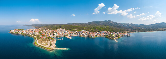 Panorama of Neos Marmaras city, Sithonia peninsula of Chalkidiki. Aegean sea, aerial view. Northern...