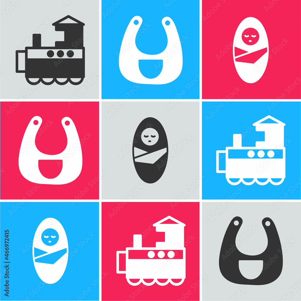 Sticker set toy train, baby bib and newborn baby infant swaddled icon. vector