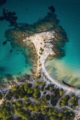 Aerial view of popular beach on Vourvourou, Sithonia. Greece