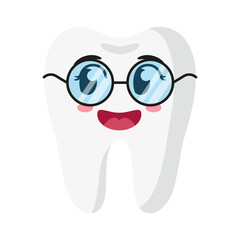 Vector cartoon cute characters of tooth with glasses.