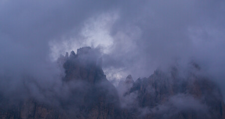 Colorful sunset landscape in the Dolomite Mountains, Italy, in autumn