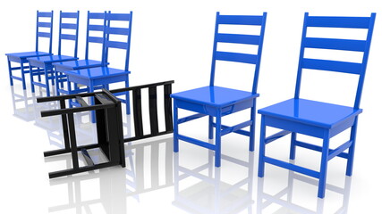Blue and black colored chairs in row