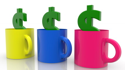 Three cups in various colors with dollar signs