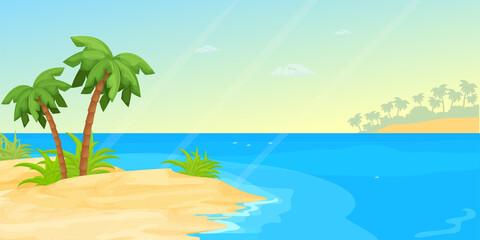 Fototapeta na wymiar Tropical seascape beach with sea, sand in cartoon style. Horizontal banner, summer vacation exotic coast. Calm, relaxing scene. Vector illustration