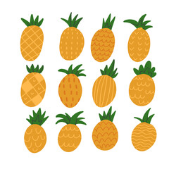 Creative different pineapple collection. Set of hand drawn pineapples. Summertime fruits isolated on white background. Trendy modern flat colorful vector illustration