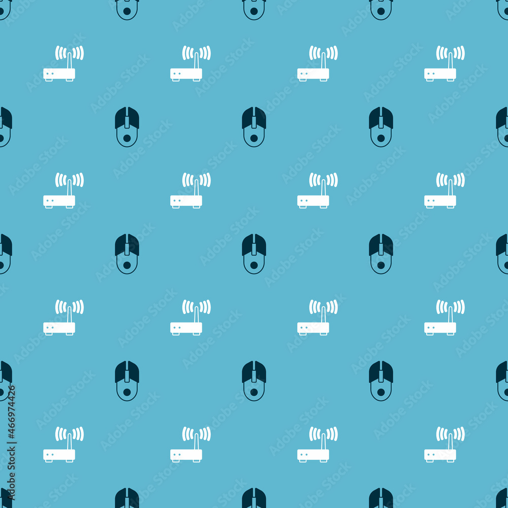 Poster set computer mouse and router and wi-fi signal on seamless pattern. vector