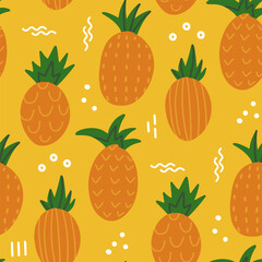 Seamless pattern of hand drawn pineapple, cute and fun modern flat vector illustration. Doodle ornate backdrop for Nursery design.