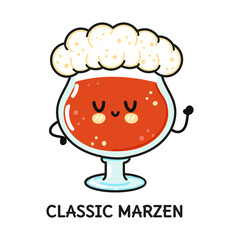 Funny cute happy glass of beer classic marzen. Vector hand drawn doodle style cartoon character illustration icon design. Cute glass of beer classic marzen mascot 