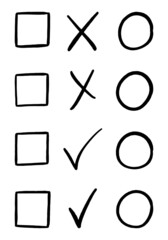 Squares, circles, check marks, crosses. To do list blank template in doodle style. Clipart for daily planning, diary, memo. Hand drawn vector design element. Black contour drawing isolated on white.