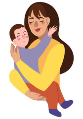 Mother and child. Woman holds son in arms. Mother's Day, parenthood concept. Hand drawn vector illustration. Colorful cartoon clipart isolated on white. Flat element for design, decor, card, sticker.