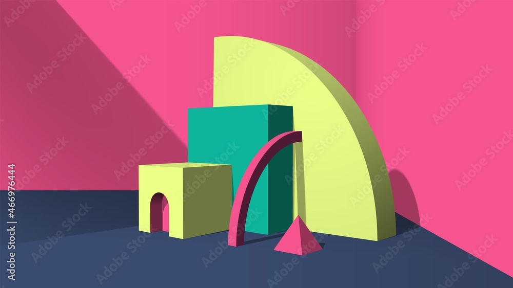 Poster Abstract yellow 3D objects or elements installation in the pink room for a booklet of banner.