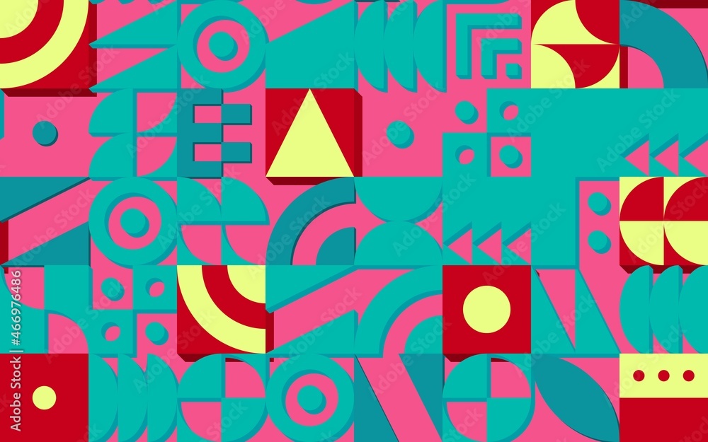 Poster geometric pattern with retro styled shapes and vibrant pink and green colors