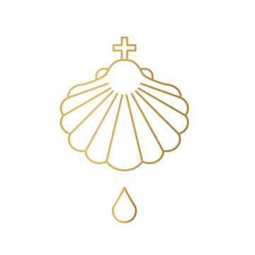 golden baptismal shell with drop of holy water icon- vector illustration