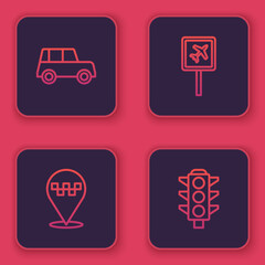 Set line Car, Location with taxi, Airport and Traffic light. Blue square button. Vector