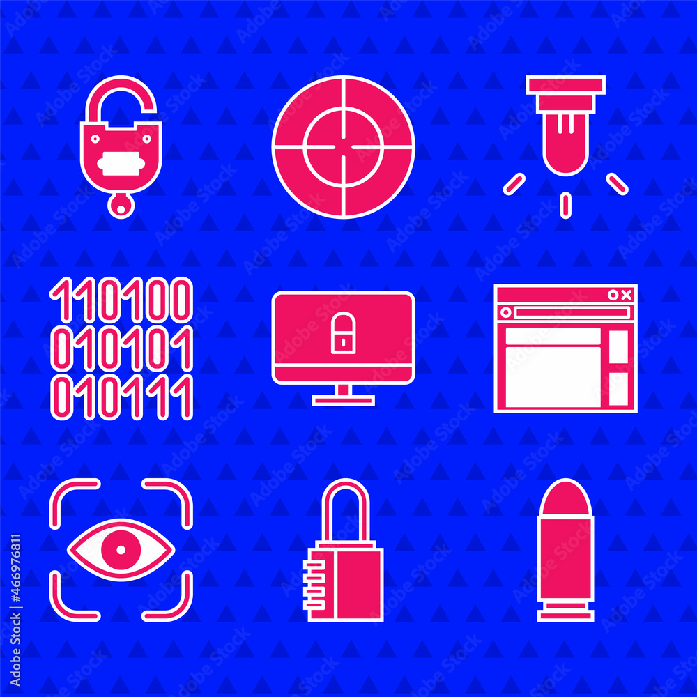 Poster set lock on computer monitor, safe combination lock, bullet, website template, eye scan, binary code