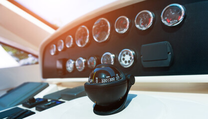 Detail of dashboard instruments on yacht